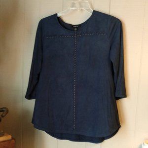 Style & Co Navy Faux Suede Studded 3/4 Sleeve Top Large